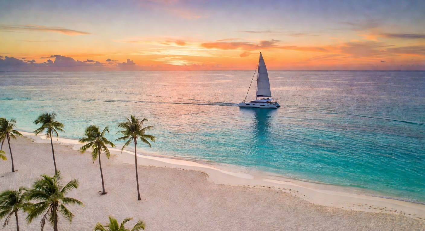 VakayGo travel artwork showing a sailboat off a palm-lined beach
